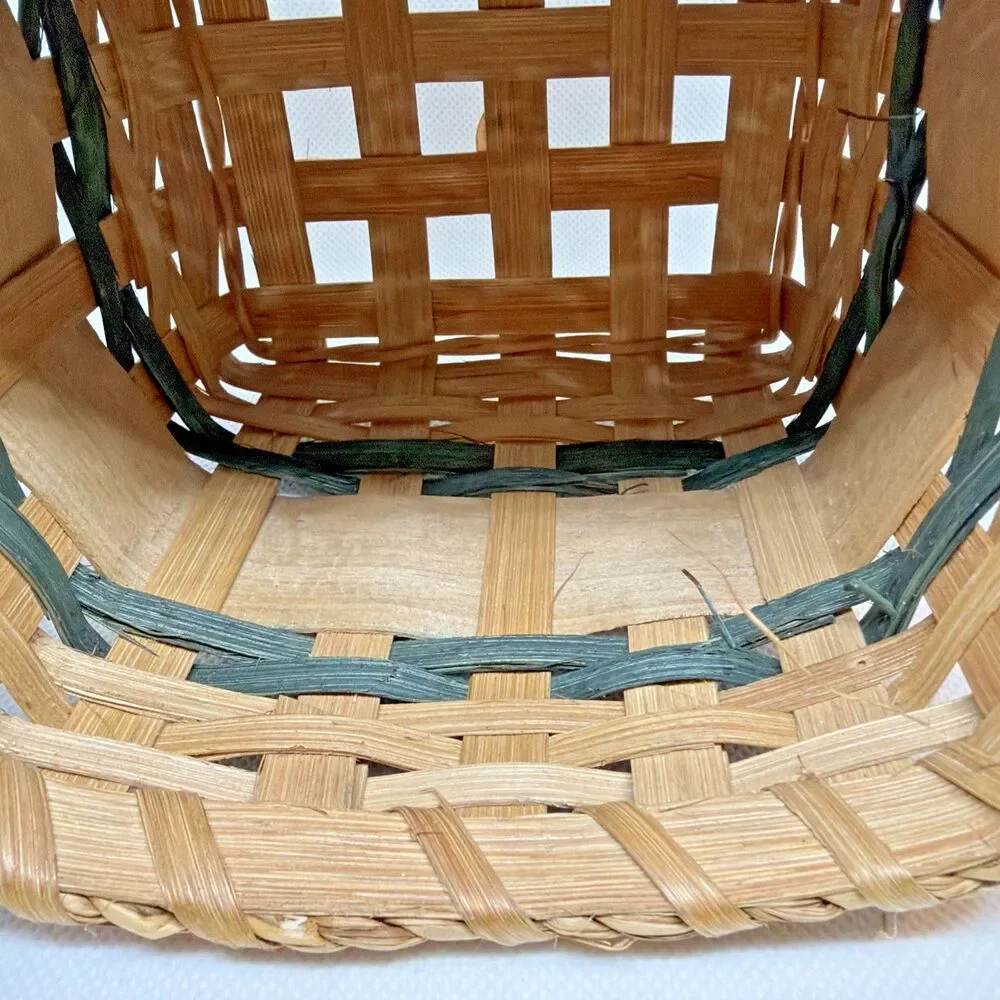 Vintage Hand-Woven Splint Wood Holiday Basket - Hand-Painted Christmas Trees